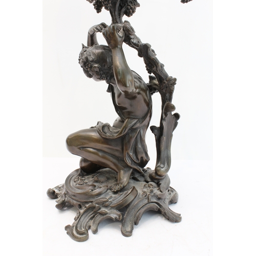 96 - A large and heavy pair of 19th century patinated bronze four-light candelabra: in High Rococo style;... 