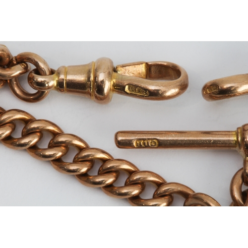 229 - A late 19th or early 20th century 9-carat rose gold Albert chain with T-bar: centrally mounted with ... 