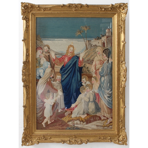 615 - A modern gros point picture with Christ blessing the little children
 Framed and glazed 34 x 23 in (... 