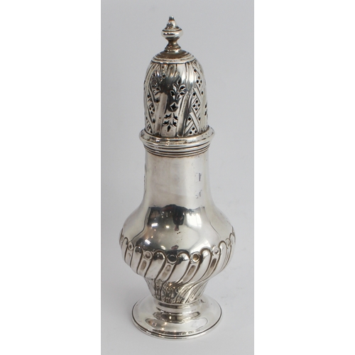 172 - A mid 18th century hallmarked silver sugar caster with pierced dome top and baluster lower body with... 