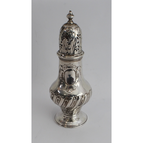 172 - A mid 18th century hallmarked silver sugar caster with pierced dome top and baluster lower body with... 