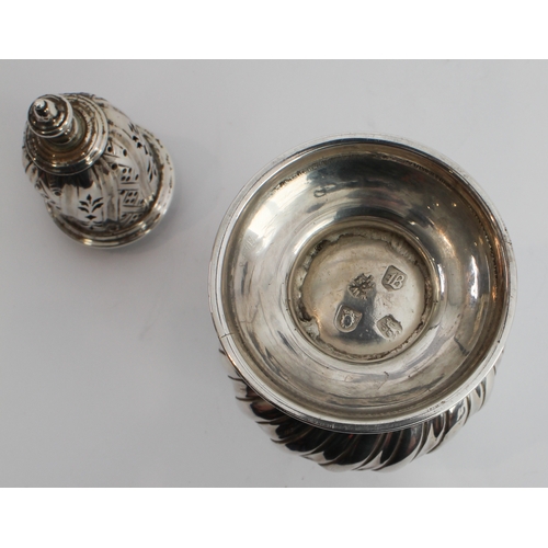 172 - A mid 18th century hallmarked silver sugar caster with pierced dome top and baluster lower body with... 