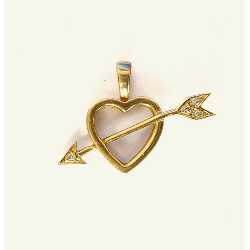 252 - A 14ct yellow gold and diamond cupid's arrow pendant - the arrow set with four small brilliant diamo... 