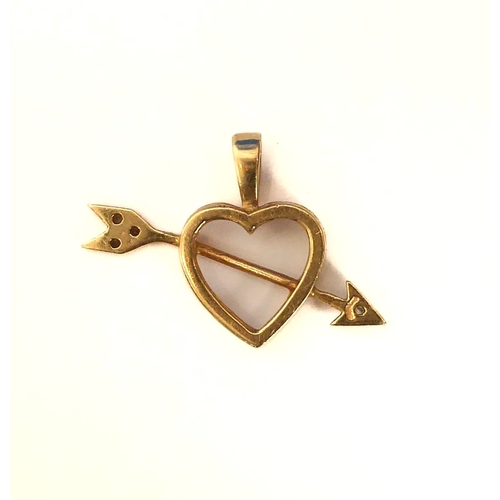 252 - A 14ct yellow gold and diamond cupid's arrow pendant - the arrow set with four small brilliant diamo... 