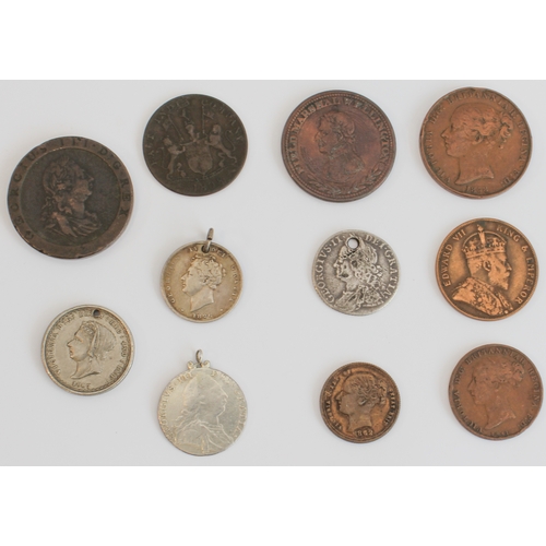 663 - A mixed lot of eleven coins and tokens:
 1. Field Marshall Wellington one penny token (3.3 cm), 
 2.... 