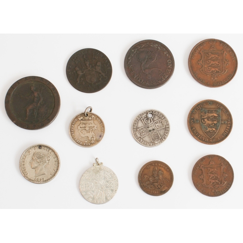 663 - A mixed lot of eleven coins and tokens:
 1. Field Marshall Wellington one penny token (3.3 cm), 
 2.... 