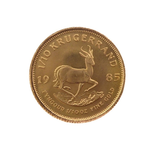 665 - South Africa, 1/10 Krugerrand, 1985 - 1/10 oz fine (22ct) gold, weight 3.4g, about UNC.