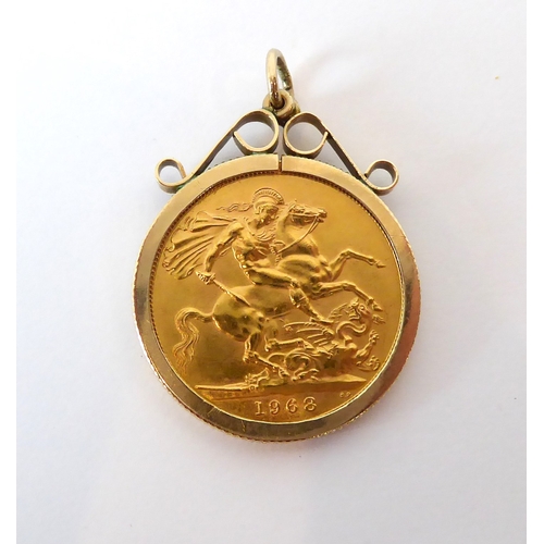 666 - A 1968 Elizabeth II gold sovereign - in a 9ct gold pendant mount, total weight 9.4g.