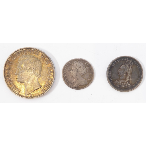 673 - Three silver coins:
 1. 1861 John I of Saxony 1 vereinsthaler (18.5 g)
 2. 1887 Victoria shilling (5... 