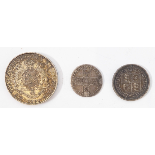 673 - Three silver coins:
 1. 1861 John I of Saxony 1 vereinsthaler (18.5 g)
 2. 1887 Victoria shilling (5... 