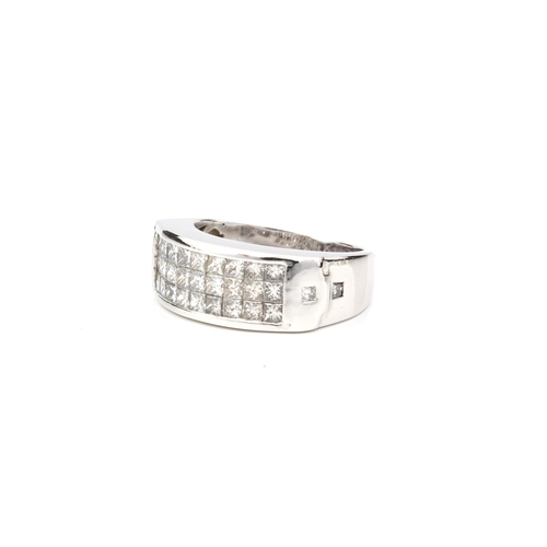 239 - An 18ct white gold and diamond three row ring - unmarked, tests as 18ct, channel set with three rows... 