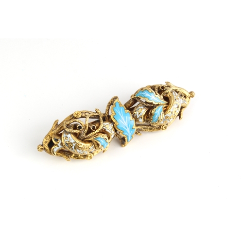 244 - An 18ct yellow gold and enamel bar brooch - probably Victorian, the naturalistic, branch form brooch... 