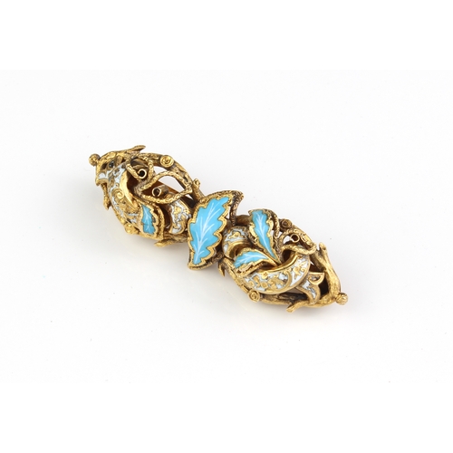 244 - An 18ct yellow gold and enamel bar brooch - probably Victorian, the naturalistic, branch form brooch... 