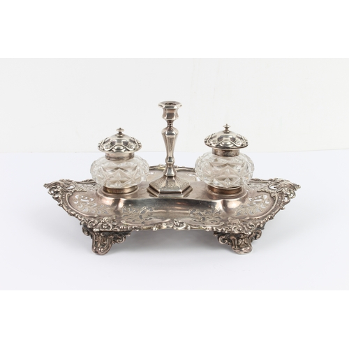 147 - A mid 19th century hallmarked silver pierced boat-shaped desk stand: two silver-mounted and cut-glas... 