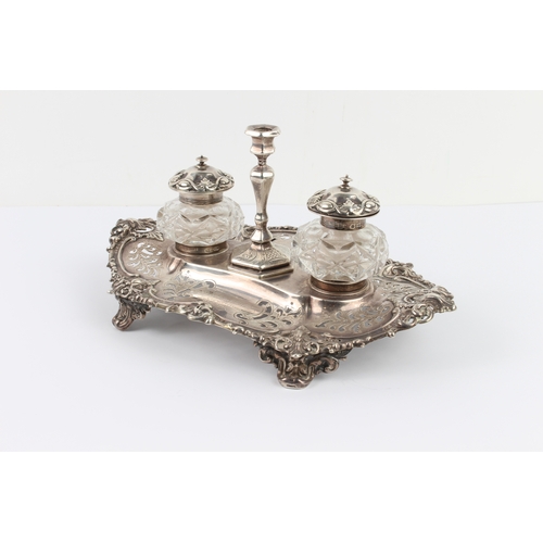 147 - A mid 19th century hallmarked silver pierced boat-shaped desk stand: two silver-mounted and cut-glas... 