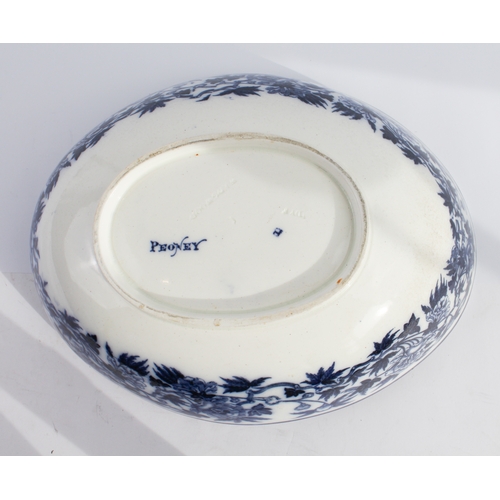 20 - A 19th century Wedgwood boat-shaped bowl: transfer-decorated 'Peony' pattern, raised on conforming o... 