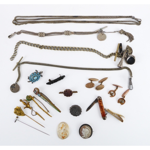 230 - A box of vintage costume and silver jewellery - including a fancy silver fob chain with 19th century... 