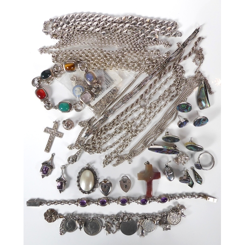 243 - A collection of silver jewellery - including a bar link bracelet; six various chain necklaces; a cha... 