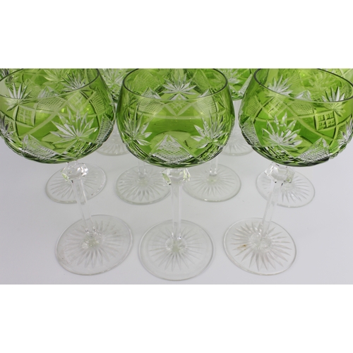 33 - A set of twelve Val St. Lambert 'Berncastel' cut-glass hocks: light-green glass bowls, hexagonal cut... 