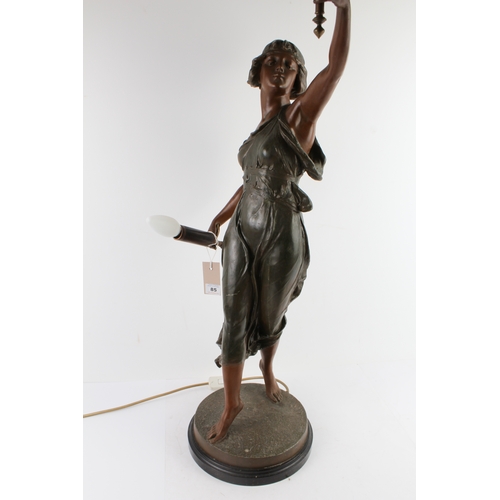 85 - An impressive French bronzed spelter figural lamp - 20th century, the Art Nouveau style figure of a ... 