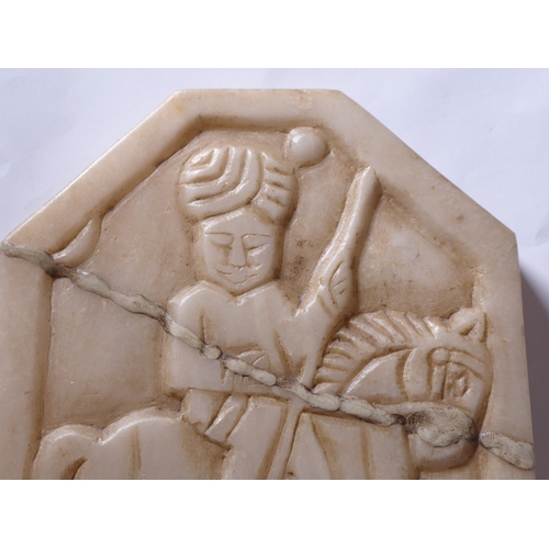 116A - A carved white marble Indian panel (historic repair) depicting a Sheikh mounted upon a striding hors... 