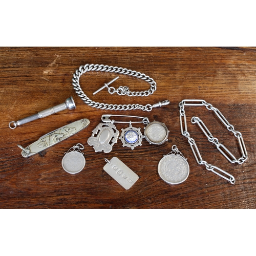 248 - A mixed lot of 10 silver medals, coin pendants, fob chains etc.:
 1. two medals, one with blue ename... 