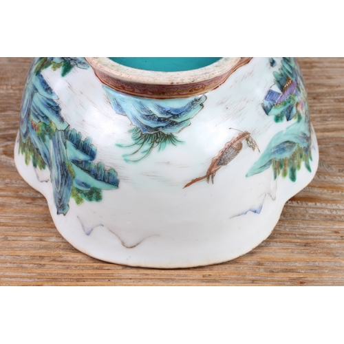 34 - A 20th century Chinese porcelain bowl of quatrefoil form: matt duck-egg blue glazed interior; the ex... 