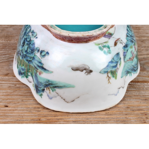 34 - A 20th century Chinese porcelain bowl of quatrefoil form: matt duck-egg blue glazed interior; the ex... 