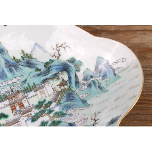 44 - A 19th century Chinese lozenge-shaped porcelain pedestal dish. The interior delicately decorated in ... 