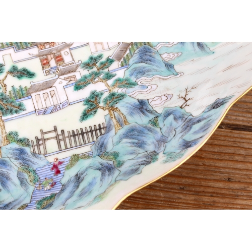 44 - A 19th century Chinese lozenge-shaped porcelain pedestal dish. The interior delicately decorated in ... 