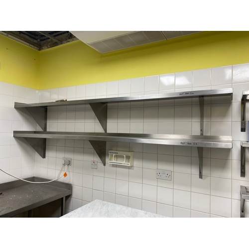 5 - 2 walls mounted, solid stainless-steel shelves. With 3 shelf supports. 
300mm D 2425mm W 390mm H