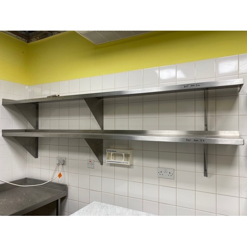 5 - 2 walls mounted, solid stainless-steel shelves. With 3 shelf supports. 
300mm D 2425mm W 390mm H