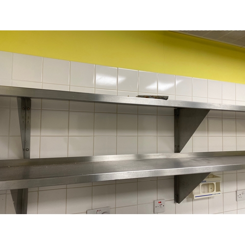 5 - 2 walls mounted, solid stainless-steel shelves. With 3 shelf supports. 
300mm D 2425mm W 390mm H