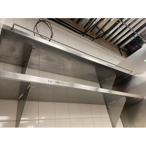 20 - Two stainless steel shelves. One shelf has a wire hanging rail on the front. 
 1500mm L 400mm D 
 Br... 