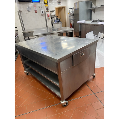 22 - Two stainless-steel, free-standing work units. Two lower shelves with two end draws. On four caster ... 