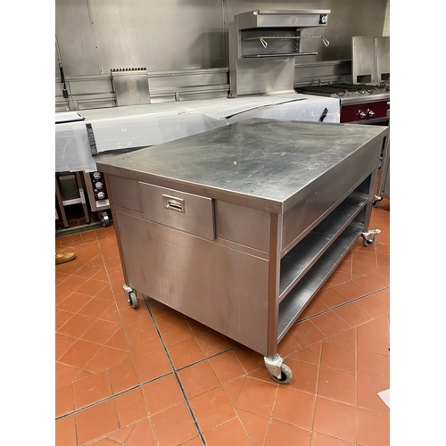 22 - Two stainless-steel, free-standing work units. Two lower shelves with two end draws. On four caster ... 