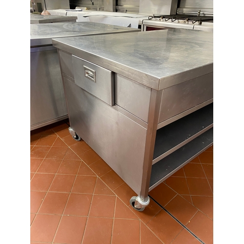 22 - Two stainless-steel, free-standing work units. Two lower shelves with two end draws. On four caster ... 