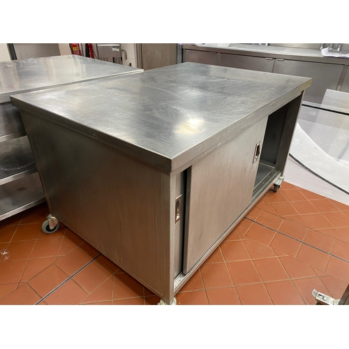 23 - Free-standing stainless-steel work unit. Sliding lockable doors on either side of unit and is on fou... 