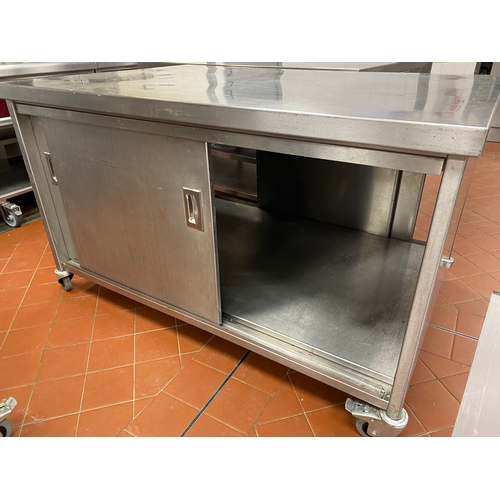 23 - Free-standing stainless-steel work unit. Sliding lockable doors on either side of unit and is on fou... 