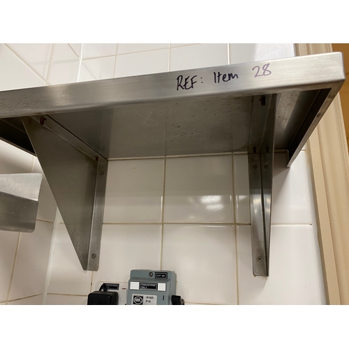 28 - Stainless steel, wall mounted shelving unit with two support brackets. 
 500mm L 300mm D 
 Back stan... 