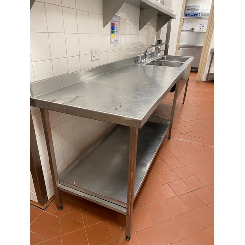 30 - Double stainless steel sink unit with work surface on the left. One mono tape per sink. One shelf un... 