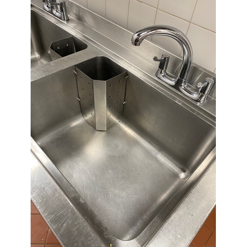 30 - Double stainless steel sink unit with work surface on the left. One mono tape per sink. One shelf un... 