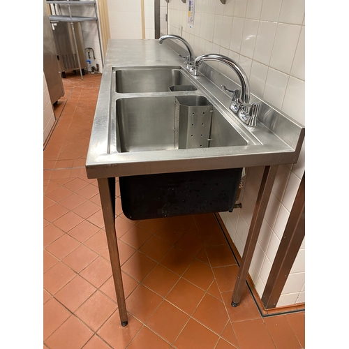 30 - Double stainless steel sink unit with work surface on the left. One mono tape per sink. One shelf un... 