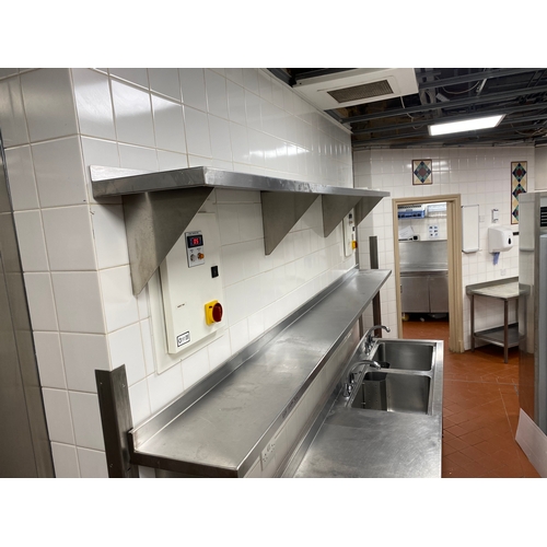 31 - Two stainless steel wall mounted shelving units with four support brackets each. 
 3000mm L 300mm D ... 