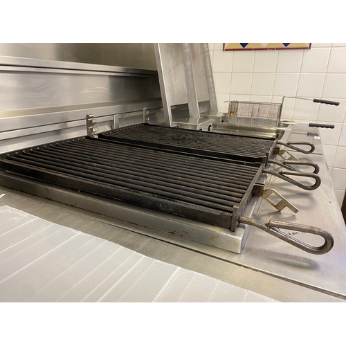 21 - Charvet adjustable grill. On four caster wheels with shelf unit underneath. 
850mm W 900mm D 870mm H... 