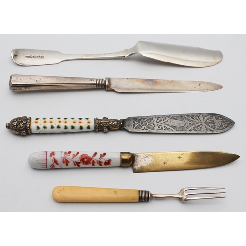 114 - Two porcelain handled knives, a silver fruit knife, a silver butter knife (John Stone, Exeter 1858) ... 