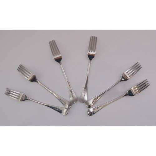 131 - A set of six George III silver Old English pattern table forks - maker W.S, London 1790, 20.6 cm lon... 