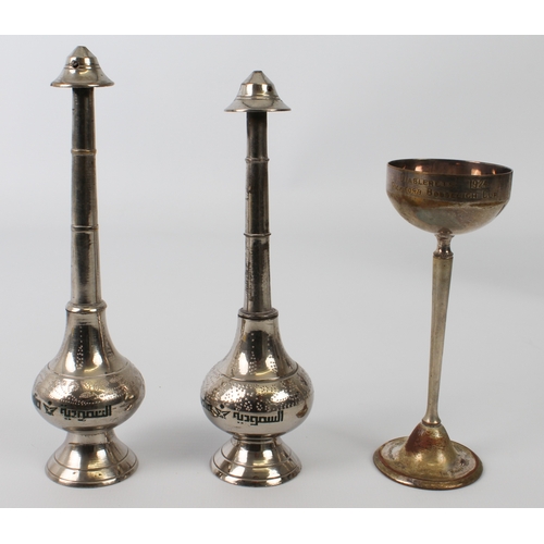 143 - A small group of silver items comprising a Continental 800 silver and cut-glass spirit flask, three ... 