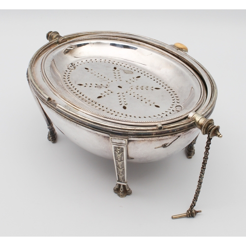 145 - A 19th century oval silver-plated food warmer, the base marked 'Registered February 18th 1878', (LWH... 