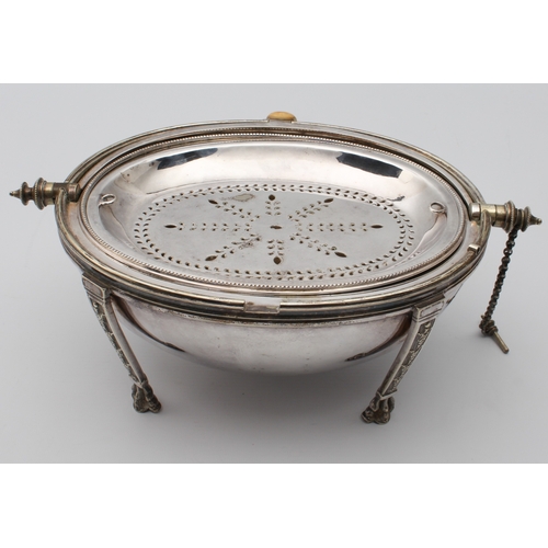 145 - A 19th century oval silver-plated food warmer, the base marked 'Registered February 18th 1878', (LWH... 